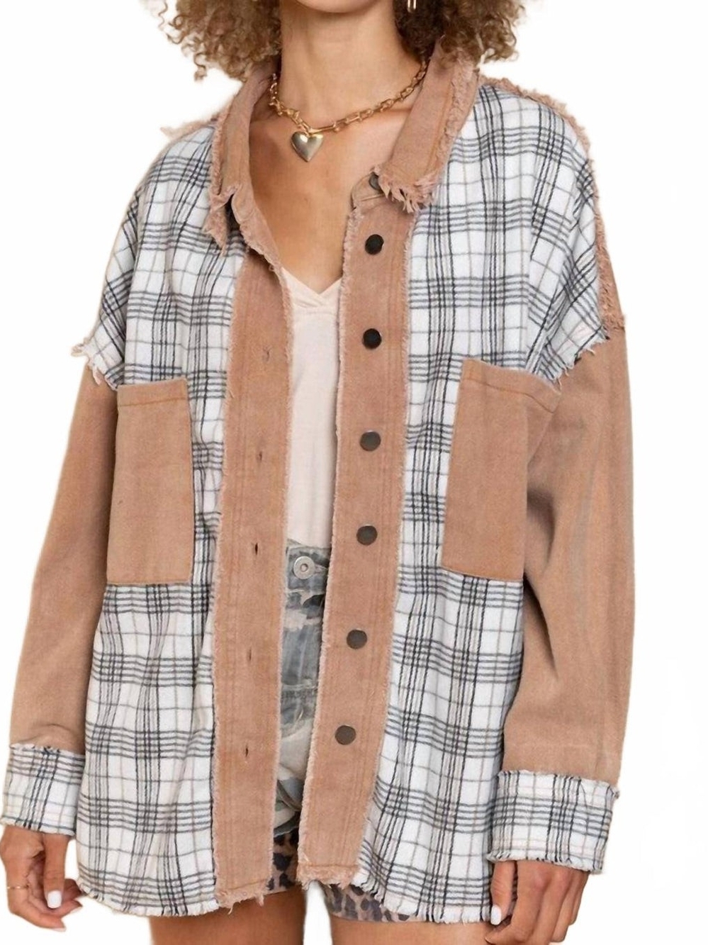 POL Oversized Plaid Shacket Distressed Edge Detail Cotton Button Front S